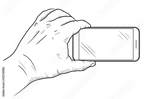 Mobile phone in hand front view. Sketch of hand holding empty smartphone. Vector