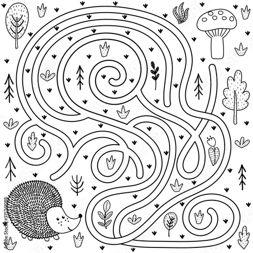 Black and white maze game for kids. Help the hedgehog find the way to the mushroom