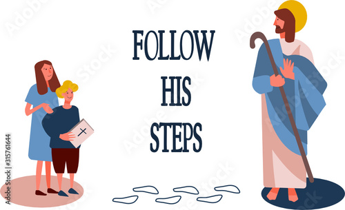 Cute vector illustration of Jesus show way to young children with Bible. Jesus Christ is good shepherd, follow his foot steps. Religious Christian bible design for Easter and family readings