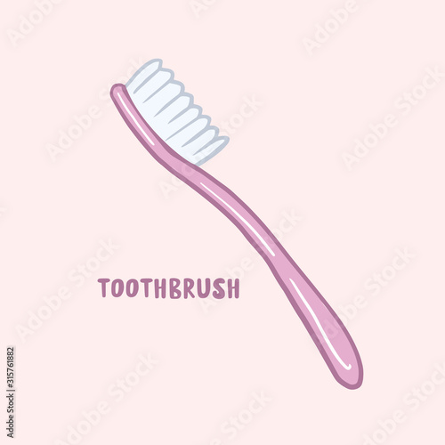 Toothbrush. Vector color illustration in cartoon style. Doodle style drawing with the inscription.