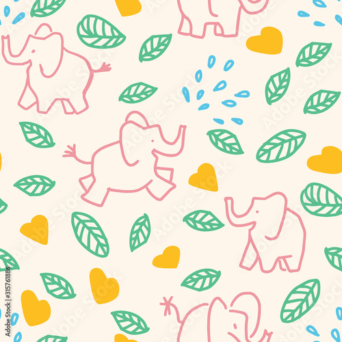 cute little elephants heart leaf seamless pattern design
