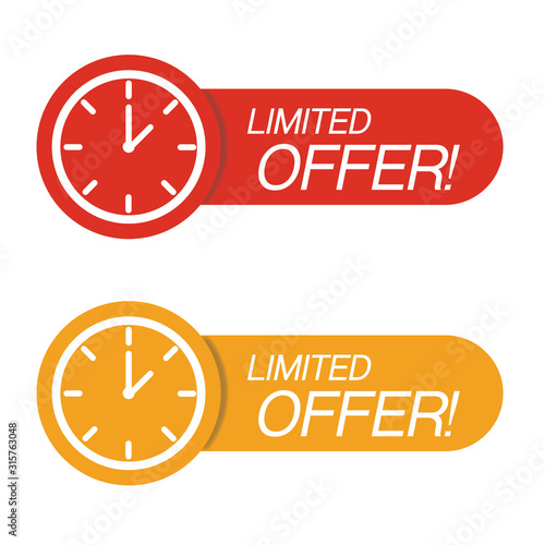 Red limited offer with clock for promotion, banner, price. Label countdown of time for offer sale or exclusive deal.Alarm clock with limited offer of chance on isolated background. vector illustration