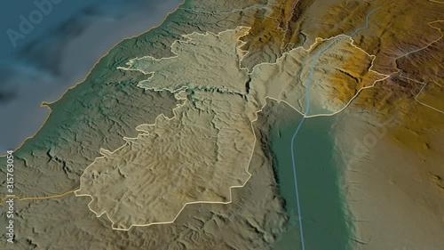 Nabatiyeh, governorate with its capital, zoomed and extruded on the relief map of Lebanon in the conformal Stereographic projection. Animation 3D photo