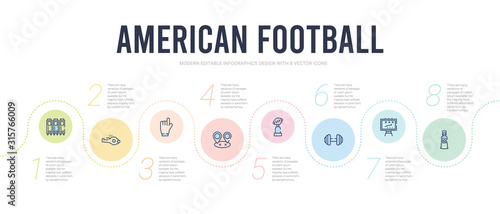 american football concept infographic design template. included bottle of water, american football strategy, barbell, american football cup, position, foam finger icons