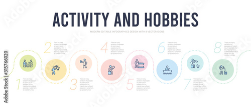 activity and hobbies concept infographic design template. included beatboxing, bird watching, boat race, boggle, boy reading, brewing icons