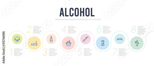 alcohol concept infographic design template. included waitress, order, blender, cigarette, wine bucket, whisky icons