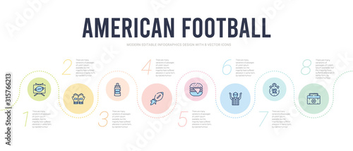 american football concept infographic design template. included first aid kit, stopwatch, referee, hamburger, ball on flight, can of beer icons