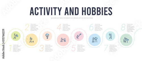 activity and hobbies concept infographic design template. included eating, exercising, film making, flying a kite, game playing, gliding parachutist icons