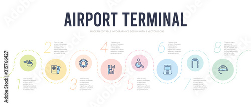 airport terminal concept infographic design template. included pilot helmet, security control, airport atm, disable, airport searchor, sunny day icons