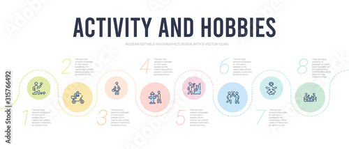 activity and hobbies concept infographic design template. included mahjong, meditating, meeting with a friend, mineral collecting, model building, modeling icons