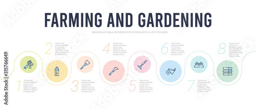 farming and gardening concept infographic design template. included barrell, bale of hay, trailer, hoe, billhook, digging bar icons