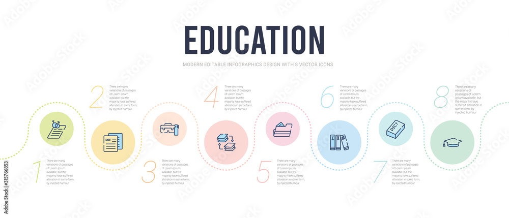 education concept infographic design template. included graduate cap, 3d dictionary, three books, open file, arrange, lunchbox icons