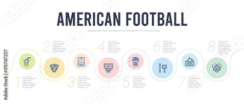 american football concept infographic design template. included football shield, american football game ticket, american trash can, scores, field icons