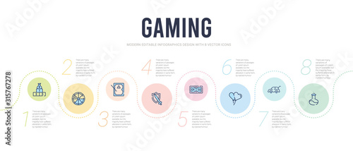 gaming concept infographic design template. included potions, trunk open, balloon hearts, scores, role playing game, pool table icons