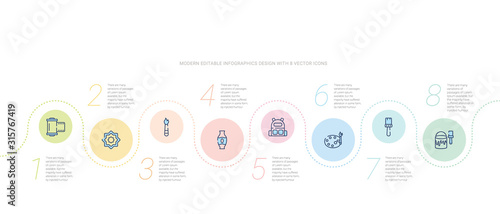 art concept infographic design template. included paints, painting brush, artist color palette, school briefcase, ceramic vase, paint brushes icons