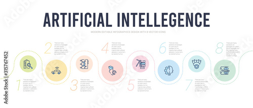 artificial intellegence concept infographic design template. included body scan, cloud intelligence, cyborg, data mining, deformity, difference engine icons