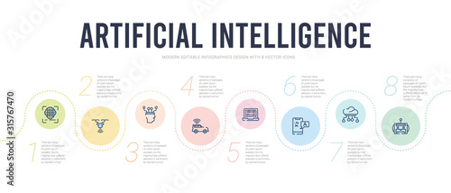 artificial intelligence concept infographic design template. included bot, cloud computing, translation, binary code, car, thought icons