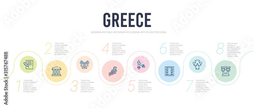 greece concept infographic design template. included jonic column, amphora, greek ornament, xifos, grapes bunch, lyre icons
