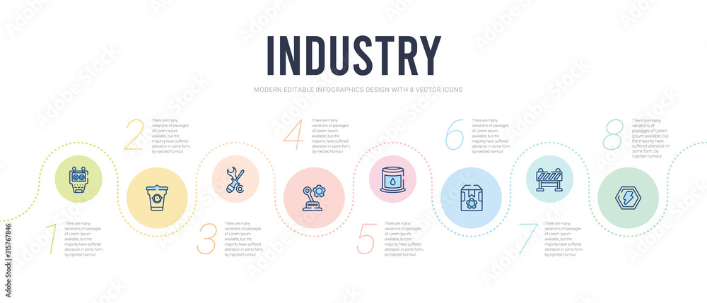 industry concept infographic design template. included danger, barrier, boxes, water tank, lever, tools icons industry concept infographic design template. included danger, barrier, boxes, water tank, lever, tools icons