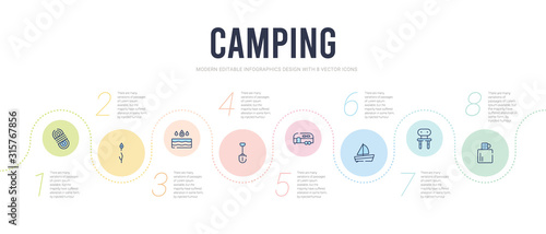camping concept infographic design template. included lighter, chair, boat, camper, shovel, water icons