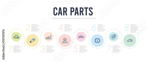 car parts concept infographic design template. included car boot, car brake, brake light, brake pad, bucket seat, bumper icons