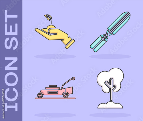 Set Tree in the ground, Sprout in hand of environmental protection, Lawn mower and Gardening handmade scissors for trimming icon. Vector