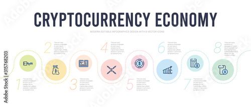 cryptocurrency economy concept infographic design template. included bonds, budget accounting, budget diagram, casino chips, chains, crypto hash rate icons