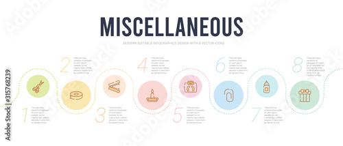 miscellaneous concept infographic design template. included wrapped gift, glue bottle, paperclip attachment, body weight, candlestick, stapler remover icons