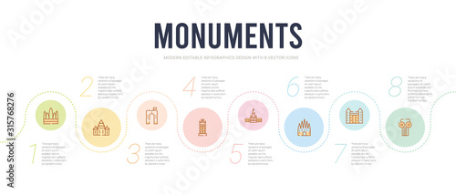 monuments concept infographic design template. included greek column, monument site, spain, russia, philippines, denmark icons