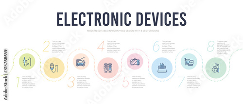 electronic devices concept infographic design template. included mouse, sound card, typewriter, television, speakers, copy machine icons