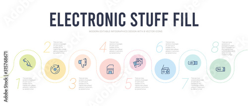 electronic stuff fill concept infographic design template. included empty battery, pen drive, radio, picture, memory card, speaker icons