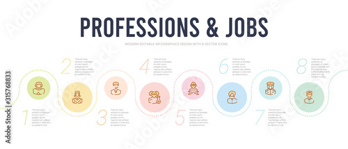 professions & jobs concept infographic design template. included taxi driver, policewoman, model, mechanic, scientist, bouncer icons