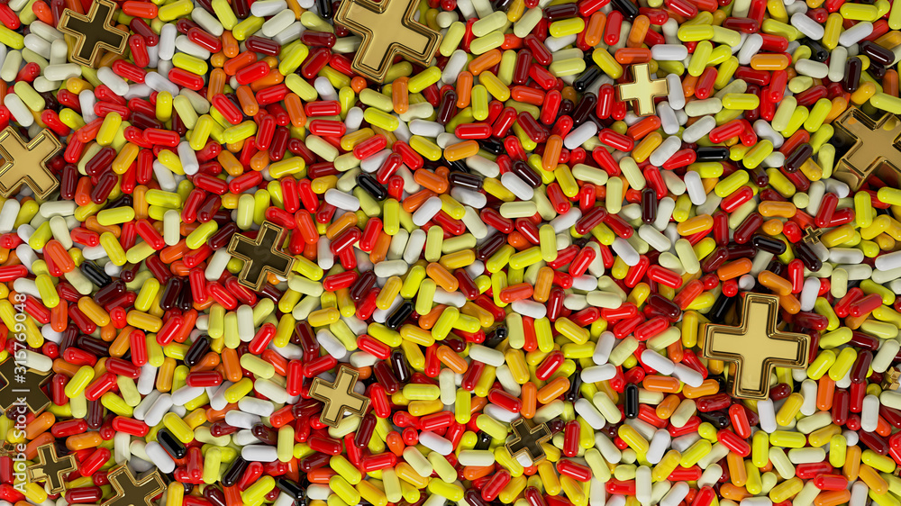 Heap of medicine tablets. Background made from pills or capsules in different colors with medical sign in shape of cross made by gold. 3d illustration Heap of medicine tablets. Background made from pills or capsules in different colors with medical sign in shape of cross made by gold. 3d illustration