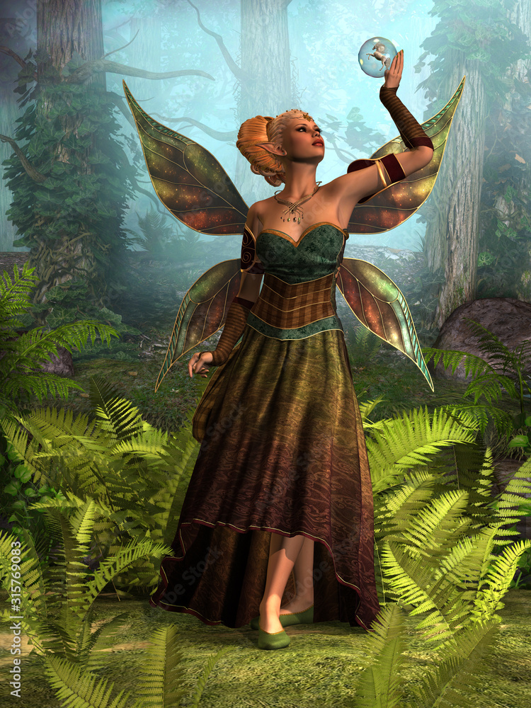 Fototapeta premium Fairy Queen Belle - leśna wróżka próbuje dowiedzieć się, jak uwolnić jednorożca z bańki, w której został schwytany.