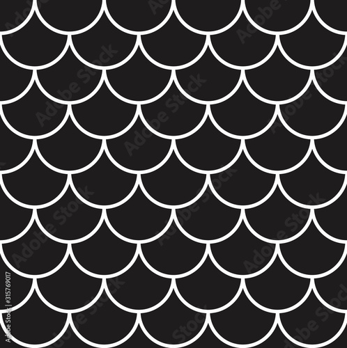 Fish, mermaid, dragon, snake scales. Tail scale seamless pattern. Black and white minimal background. Kids abstract texture. Vector illustration.