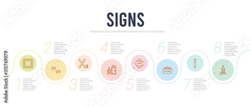 signs concept infographic design template. included crossing, information, square hotel, round hotel, emergency exit, subscript icons