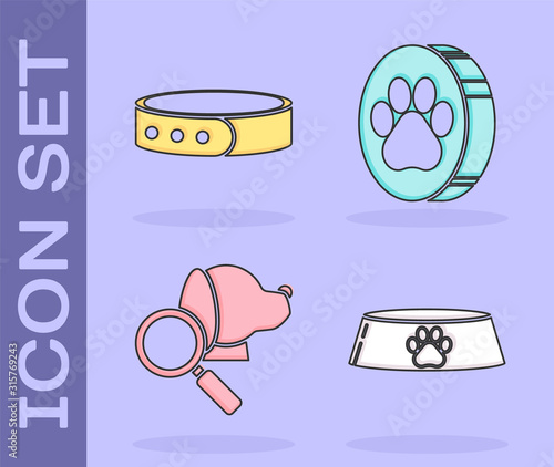 Set Pet food bowl for cat or dog, Collar with name tag, Veterinary clinic symbol and Paw print icon. Vector