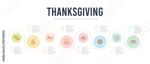 thanksgiving concept infographic design template. included thank you, jug, chrysanthemum, turkey, pilgrim, porridge icons