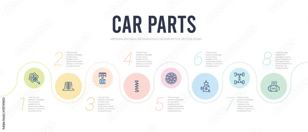 car parts concept infographic design template. included car catalytic converter, car chassis, choke, clutch, coil, connecting rod icons car parts concept infographic design template. included car catalytic converter, car chassis, choke, clutch, coil, connecting rod icons