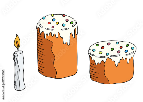 Set of Happy Easter cakes and candle. Hand drawn doodle vector illustration. Orthodox Easter symbols. 