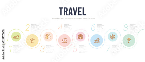 travel concept infographic design template. included icecream, rudder, boarding pass, igloo, cable car, flip flop icons