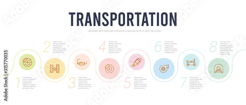 transportation concept infographic design template. included tunnel, hydraulic jack, air filter, damper, brake disc, exhaust pipe icons