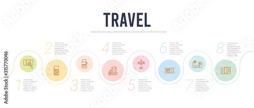 travel concept infographic design template. included brochure, itinerary, bus ticket, control tower, waterpark, secure briefcase icons photo