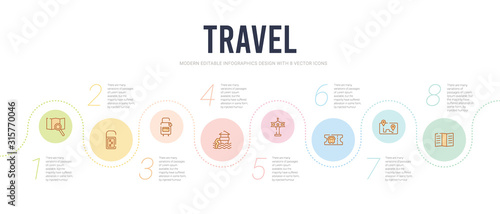 travel concept infographic design template. included brochure, itinerary, bus ticket, control tower, waterpark, secure briefcase icons