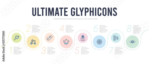 ultimate glyphicons concept infographic design template. included flower with leaves, ear with sound bar, big and small dots, big map placeholder, alarm bell, clothes label icons