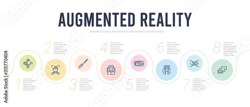 augmented reality concept infographic design template. included depth perception, bionic, remote control, video console, stereoscope, ar wand icons