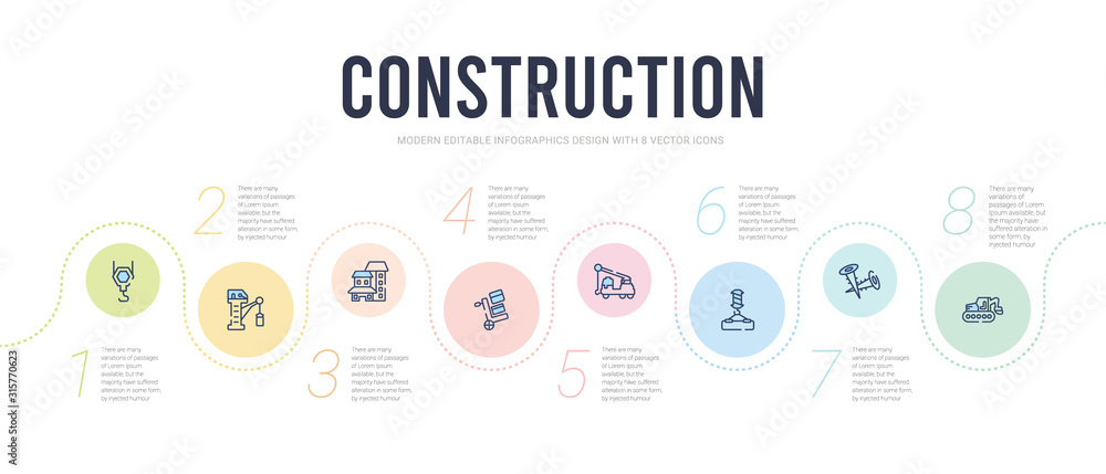 Fototapeta premium construction concept infographic design template. included derrick with tong, two screws, derrick with pallet, truck with crane, trolley cargo, big building icons