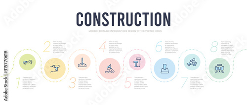 construction concept infographic design template. included circuit breaker, road construction, bolster, boning rod, brick hammer, bump cutter icons
