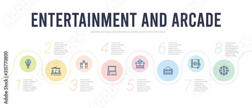 entertainment and arcade concept infographic design template. included token, video editing, virtual reality glasses, zoo, arcade machine, dance icons