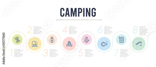 camping concept infographic design template. included fishing rod, gasoline, fishing, swiss army knife, bonfire, gas icons